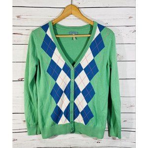 G H Bass Cardigan Womens Sz Medium Green Argyle Diamond Classic Career Sweater